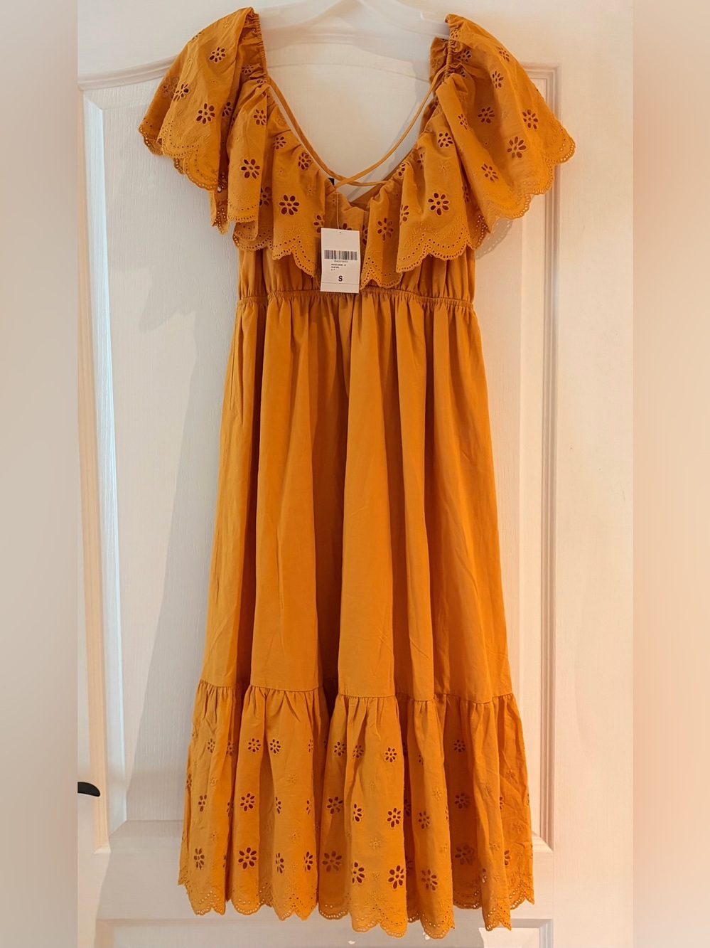 Women’s Mustard Eyelet Tiered Dress with Flutter Sleeves - Picture 3 of 3